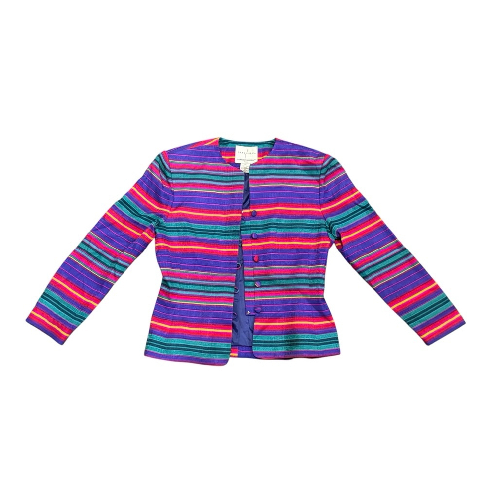 Vintage Adrianna Papell Women’s Safe Silk Colorful Striped Jacket Size 4P - Picture 5 of 8
